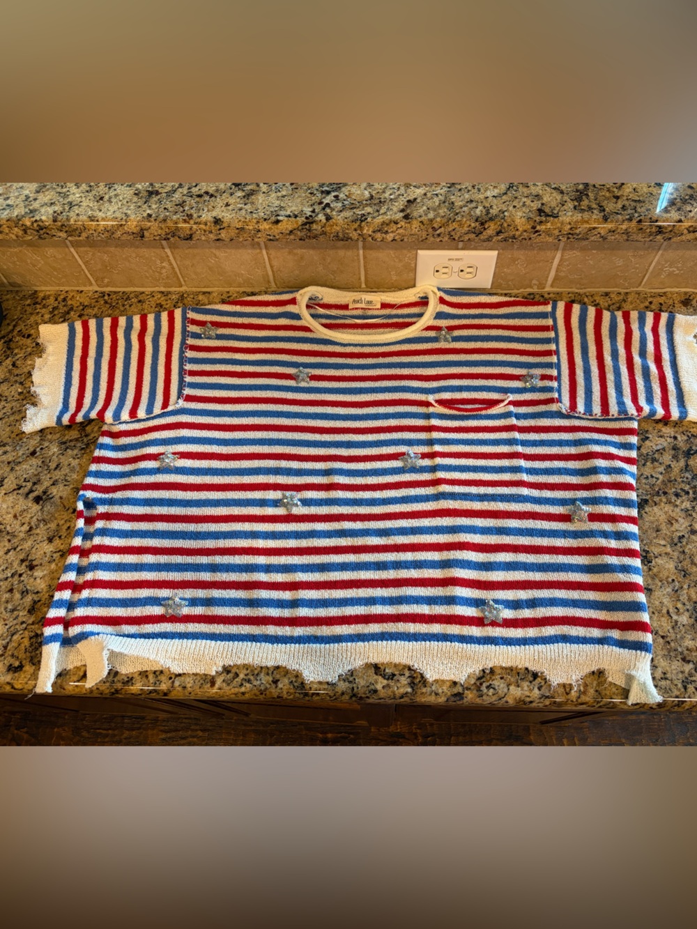 Peach Love California Red Blue White Striped Knit Top with sequin stars